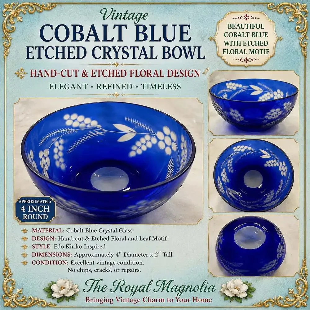 Vintage Cobalt Blue Etched Crystal Bowl Hand-Cut Floral Motif 4 Inch